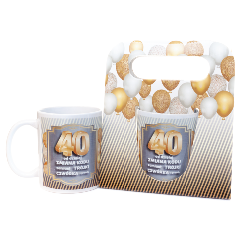 Kubek ceramiczny urodzinowy "40 Lat" w ozdobnym pudełku - prezent na 40. urodziny - Zabawne Wydry Tychy