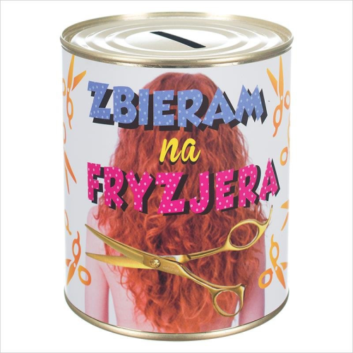 Skarbonka metalowa "Zbieram na fryzjera" 12x10 cm z otwieranym dnem - prezent na urodziny Tychy Katowice Pszczyna Lędziny Mysłowice Bieruń Kobiór - Zabawne Wydry