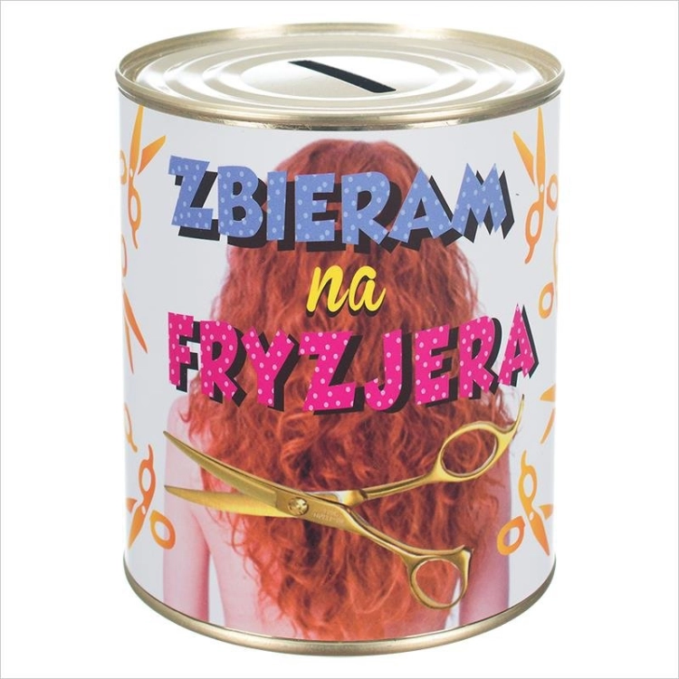 Skarbonka metalowa "Zbieram na fryzjera" 12x10 cm z otwieranym dnem - prezent na urodziny Tychy Katowice Pszczyna Lędziny Mysłowice Bieruń Kobiór - Zabawne Wydry