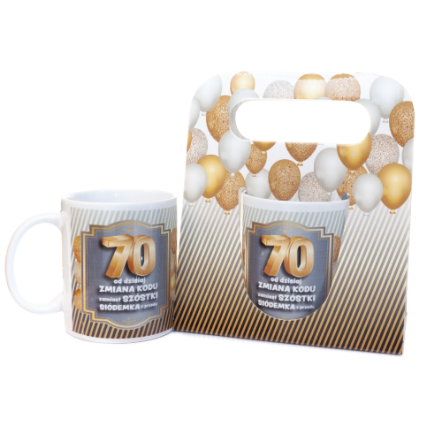 Kubek ceramiczny urodzinowy "70 Urodziny" w ozdobnym pudełku - prezent na 70. urodziny Tychy Katowice Pszczyna Lędziny Mysłowice Bieruń Kobiór - Zabawne Wydry