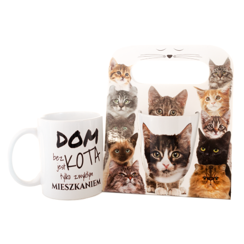 Kubek ceramiczny czarny "Dom bez kota... to tylko mieszkanie" w ozdobnym opakowaniu - prezent dla kociarza, miłośnika kotów Tychy Katowice Pszczyna Lędziny Mysłowice Bieruń Kobiór - Zabawne Wydry
