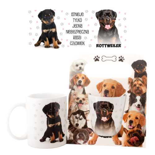 Kubek ceramiczny Rottweiler "Istnieje tylko jedna... miłość prawdziwa" w ozdobnym opakowaniu - prezent dla właściciela psa Tychy Katowice Pszczyna Lędziny Mysłowice Bieruń Kobiór - Zabawne Wydry