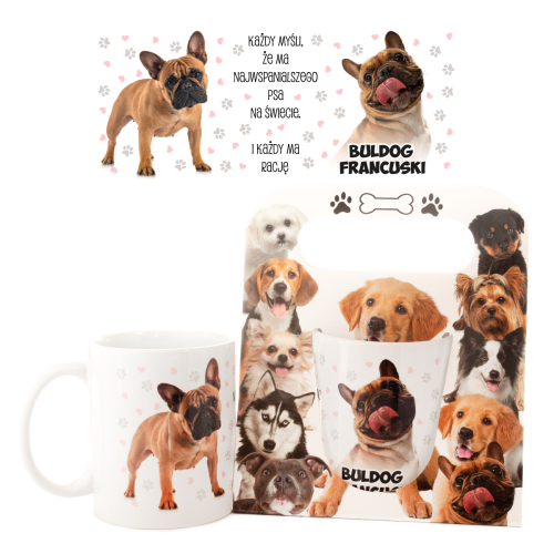 Kubek ceramiczny Buldog Francuski "Każdy myśli, że ma najlepszego psa..." w ozdobnym opakowaniu - prezent dla właściciela psa Tychy Katowice Pszczyna Lędziny Mysłowice Bieruń Kobiór - Zabawne Wydry