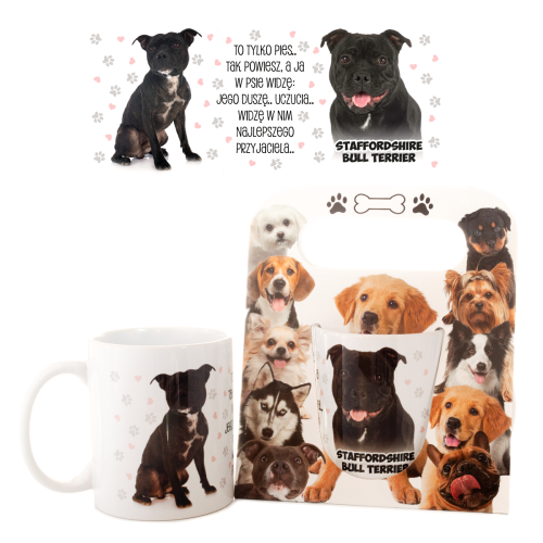 Kubek ceramiczny Staffordshire Bull Terrier "To tylko pies... dopóki nie stanie się członkiem rodziny" w ozdobnym opakowaniu - prezent dla właściciela psa Tychy Katowice Pszczyna Lędziny Mysłowice Bieruń Kobiór - Zabawne Wydry