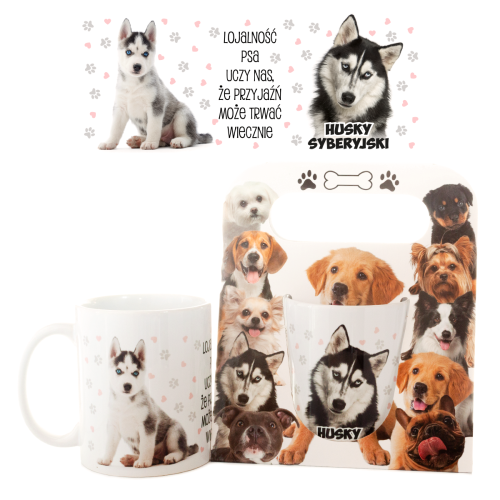 Kubek ceramiczny Husky Syberyjski "Lojalność psa uczy nas miłości, którą ludzie zapomnieli" w ozdobnym opakowaniu - prezent dla właściciela psa Tychy Katowice Pszczyna Lędziny Mysłowice Bieruń Kobiór - Zabawne Wydry
