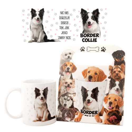 Kubek ceramiczny Border Collie "Nic nie ogrzeje serca tak jak mokry psi nos..." w ozdobnym opakowaniu - prezent dla właściciela psa Tychy Katowice Pszczyna Lędziny Mysłowice Bieruń Kobiór - Zabawne Wydry
