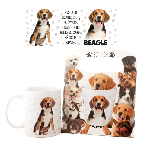 Kubek ceramiczny Beagle "Pies jest jedyną istotą na ziemi, która kocha cię bardziej niż siebie samego" w ozdobnym opakowaniu - prezent dla właściciela psa Tychy Katowice Pszczyna Lędziny Mysłowice Bieruń Kobiór - Zabawne Wydry