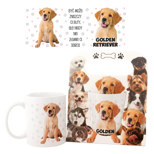 Kubek ceramiczny Golden Retriever "Być może zniszczy ci buty, ale da tyle miłości" w ozdobnym opakowaniu - prezent dla właściciela psa Tychy Katowice Pszczyna Lędziny Mysłowice Bieruń Kobiór - Zabawne Wydry