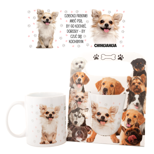 Kubek ceramiczny Chihuahua "Dziecko pragnie mieć psa, dorośli go potrzebują, starzy go kochają" w ozdobnym opakowaniu - prezent dla właściciela psa Tychy Katowice Pszczyna Lędziny Mysłowice Bieruń Kobiór - Zabawne Wydry