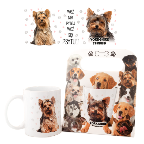 Kubek ceramiczny Yorkshire Terrier "Weź nie pytaj, weź pomyśl... York" w ozdobnym opakowaniu - prezent dla właściciela psa Tychy Katowice Pszczyna Lędziny Mysłowice Bieruń Kobiór - Zabawne Wydry