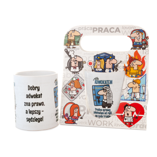 Kubek ceramiczny z napisem "Jestem adwokatem - trudne sprawy załatwiam od ręki, na cuda trzeba chwilę poczekać" w ozdobnym opakowaniu - prezent dla prawnika Tychy Katowice Pszczyna Lędziny Mysłowice Bieruń Kobiór - Zabawne Wydry
