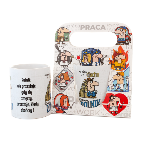 Kubek ceramiczny z napisem "Nie dość, że ciacho to jeszcze rolnik" w ozdobnym opakowaniu - prezent dla rolnika Tychy Katowice Pszczyna Lędziny Mysłowice Bieruń Kobiór - Zabawne Wydry