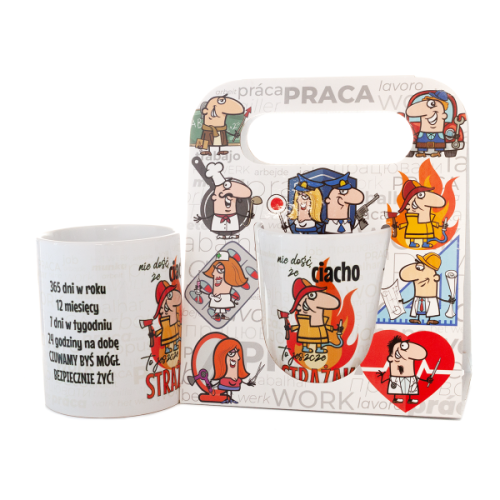 Kubek ceramiczny z napisem "Nie dość, że ciacho to jeszcze strażak" w ozdobnym opakowaniu - prezent dla strażaka Tychy Katowice Pszczyna Lędziny Mysłowice Bieruń Kobiór - Zabawne Wydry