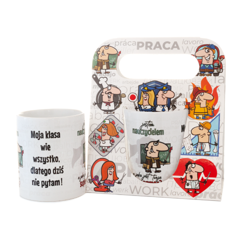 Kubek ceramiczny z napisem "Jestem nauczycielem a jaka jest twoja supermoc?" w ozdobnym opakowaniu - prezent dla nauczyciela pedagoga Tychy Katowice Pszczyna Lędziny Mysłowice Bieruń Kobiór - Zabawne Wydry