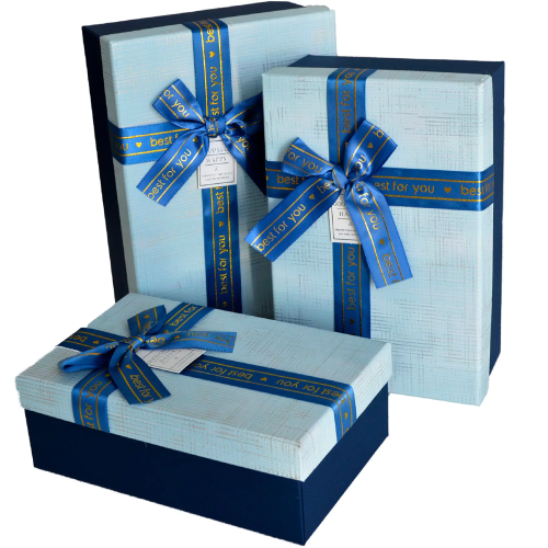 Pudełko kartonowe ozdobne granatowe z jasnoniebieską pokrywką wstążka "Best for you" 21x14x8 cm - opakowanie prezentowe, pudełko na książki, upominki firmowe Tychy Katowice Pszczyna Lędziny Mysłowice Bieruń Kobiór - Zabawne Wydry