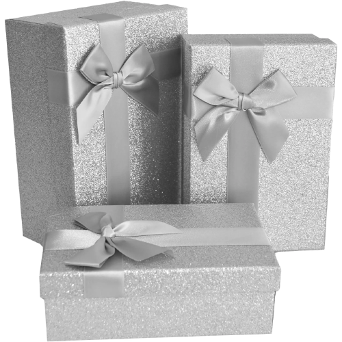 Pudełko kartonowe ozdobne na prezenty srebrne brokatowe ze wstążką 21x14x8 cm - opakowanie prezentowe glamour, pudełko na biżuterię, upominki świąteczne Tychy Katowice Pszczyna Lędziny Mysłowice Bieruń Kobiór - Zabawne Wydry