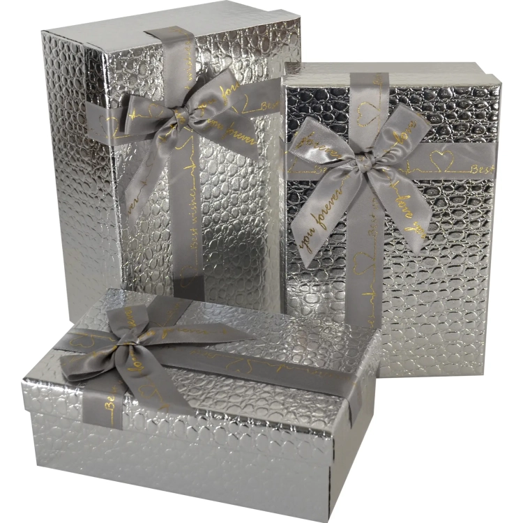 Pudełko kartonowe ozdobne na prezenty srebrne imitacja skóry złoty napis "Love You Forever" ze wstążką 21x14x8 cm - opakowanie romantyczne, pudełko na Walentynki, biżuterię Tychy Katowice Pszczyna Lędziny Mysłowice Bieruń Kobiór - Zabawne Wydry