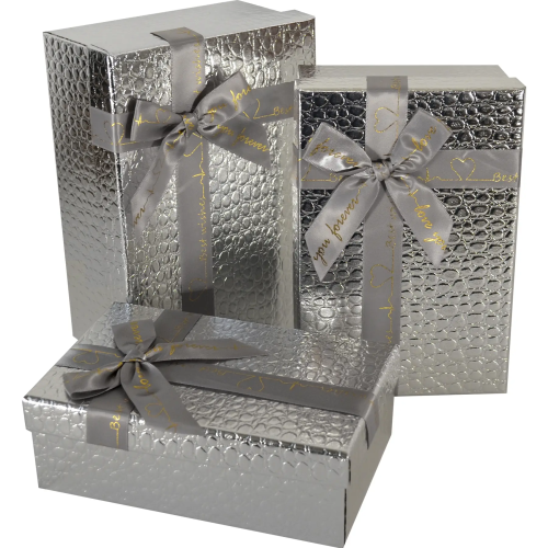 Pudełko kartonowe ozdobne na prezenty srebrne imitacja skóry złoty napis "Love You Forever" ze wstążką 23x16x9,5 cm - opakowanie romantyczne, pudełko na Walentynki, biżuterię Tychy Katowice Pszczyna Lędziny Mysłowice Bieruń Kobiór - Zabawne Wydry