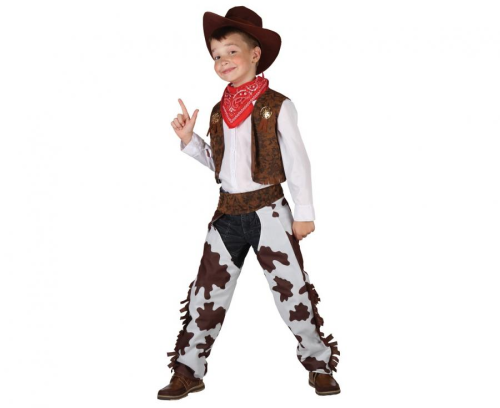 Strój dziecięcy Kowboj rozmiar 120-130 cm, kamizelka, nakładki na spodnie, kapelusz, chusta, kostium na karnawał, Halloween, Dziki Zachód, wypożyczalnia Tychy, Godan, Zabawne Wydry