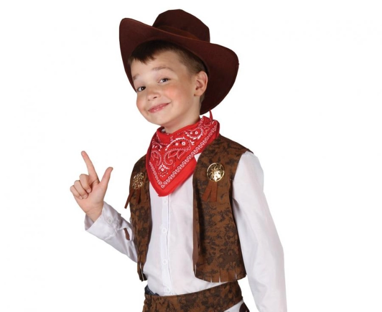 Strój dziecięcy Kowboj rozmiar 120-130 cm, kamizelka, nakładki na spodnie, kapelusz, chusta, kostium na karnawał, Halloween, Dziki Zachód, wypożyczalnia Tychy, Godan, Zabawne Wydry