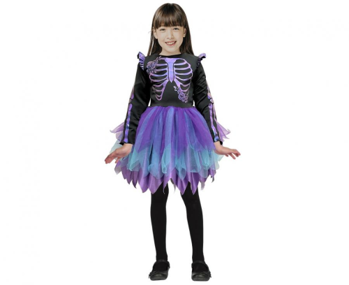 Strój dziecięcy Fioletowy Kościotrup rozmiar 130-140 cm, sukienka z nadrukiem szkieletu, kostium na Halloween, karnawał, wypożyczalnia Tychy, Godan, Zabawne Wydry