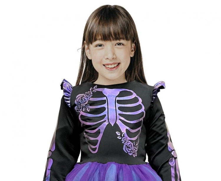 Strój dziecięcy Fioletowy Kościotrup rozmiar 130-140 cm, sukienka z nadrukiem szkieletu, kostium na Halloween, karnawał, wypożyczalnia Tychy, Godan, Zabawne Wydry
