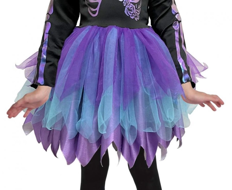 Strój dziecięcy Fioletowy Kościotrup rozmiar 130-140 cm, sukienka z nadrukiem szkieletu, kostium na Halloween, karnawał, wypożyczalnia Tychy, Godan, Zabawne Wydry