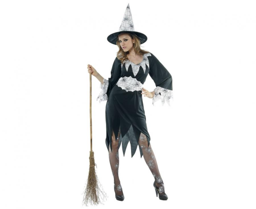 Strój Jasna Czarownica damski rozmiar M, czarno-biała sukienka, kapelusz, pasek, kostium na Halloween, karnawał, wypożyczalnia Tychy, Godan, Zabawne Wydry