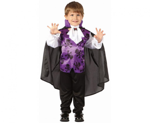 Strój dziecięcy Fioletowy Wampir rozmiar 92-104 cm, bluzka z kamizelką, peleryna, żabot, kostium na Halloween, karnawał, wypożyczalnia Tychy, Godan, Zabawne Wydry