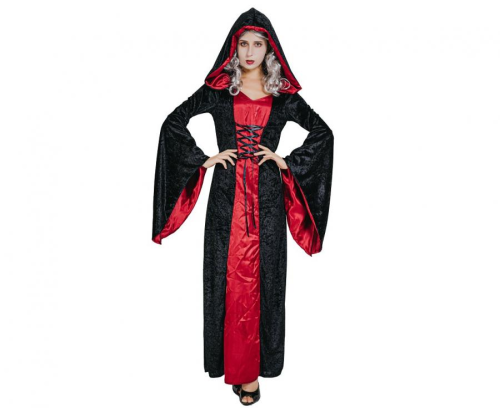 Strój Czerwona Wampirzyca damski rozmiar S, czarno-czerwona sukienka, wysoki kołnierz, kostium na Halloween, karnawał, wypożyczalnia Tychy, Godan, Zabawne Wydry