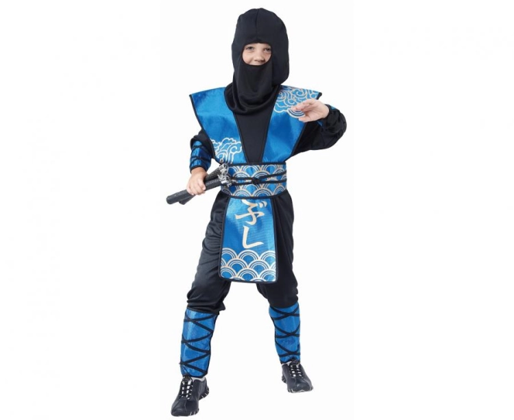 Strój dziecięcy Niebieski Ninja rozmiar 110-120 cm, koszula, spodnie, kominiarka, kamizelka kuloodporna, rękawice, nagolenniki, czarno-niebieski, kostium na karnawał, urodziny, wypożyczalnia Tychy, Godan, Zabawne Wydry