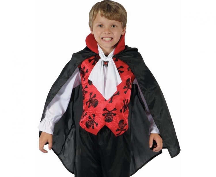 Strój dziecięcy Elegancki Wampir rozmiar 130-140 cm, bluzka z kamizelką, peleryna, żabot, czarno-czerwony, kostium na Halloween, karnawał, wypożyczalnia Tychy, Godan, Zabawne Wydry