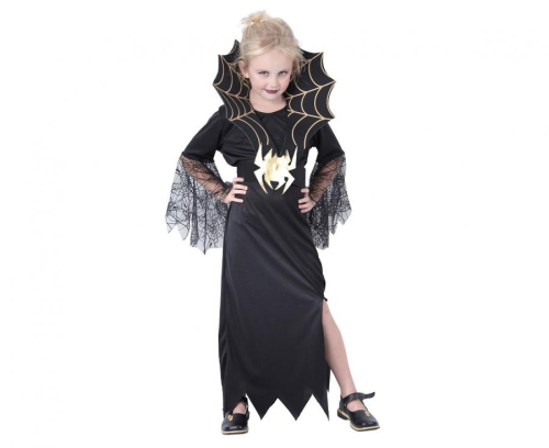 Strój dziecięcy Czarna Wdowa rozmiar 130-140 cm, czarna sukienka, kołnierz, pasek, gotycki kostium na Halloween, karnawał, wypożyczalnia Tychy, Godan, Zabawne Wydry