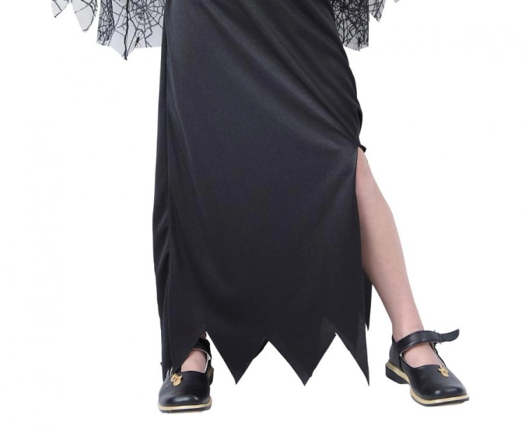 Strój dziecięcy Czarna Wdowa rozmiar 130-140 cm, czarna sukienka, kołnierz, pasek, gotycki kostium na Halloween, karnawał, wypożyczalnia Tychy, Godan, Zabawne Wydry