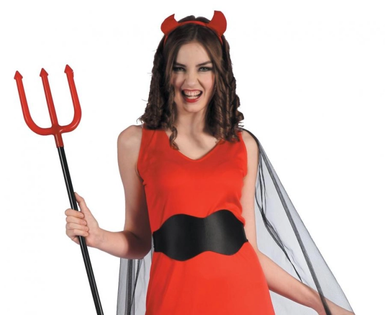 Strój damski Elegancka Diablica rozmiar M, czerwona sukienka z peleryną, opaska z rogami, pasek, kostium na Halloween, karnawał, wypożyczalnia Tychy, Godan, Zabawne Wydry