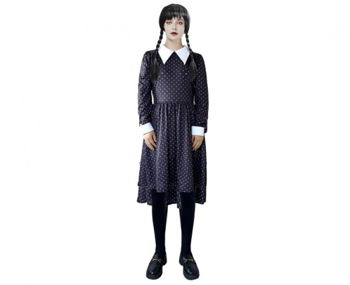 Strój damski Gotycka Uczennica Wednesday rozmiar M, czarno-biała sukienka, kołnierz, kostium Rodzina Addamsów na Halloween, karnawał, wypożyczalnia Tychy, Godan, Zabawne Wydry