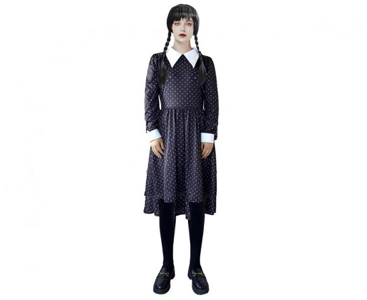 Strój damski Gotycka Uczennica Wednesday rozmiar M, czarno-biała sukienka, kołnierz, kostium Rodzina Addamsów na Halloween, karnawał, wypożyczalnia Tychy, Godan, Zabawne Wydry
