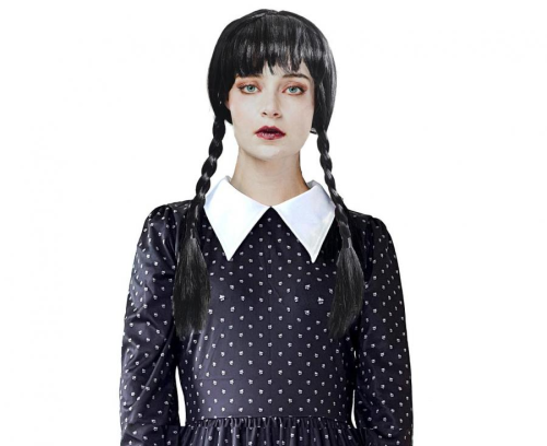 Strój damski Gotycka Uczennica Wednesday rozmiar M, czarno-biała sukienka, kołnierz, kostium Rodzina Addamsów na Halloween, karnawał, wypożyczalnia Tychy, Godan, Zabawne Wydry