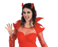 Strój damski Czerwona Diablica rozmiar S, czerwona sukienka, opaska z rogami, kostium na Halloween, karnawał, wypożyczalnia Tychy, Godan, Zabawne Wydry