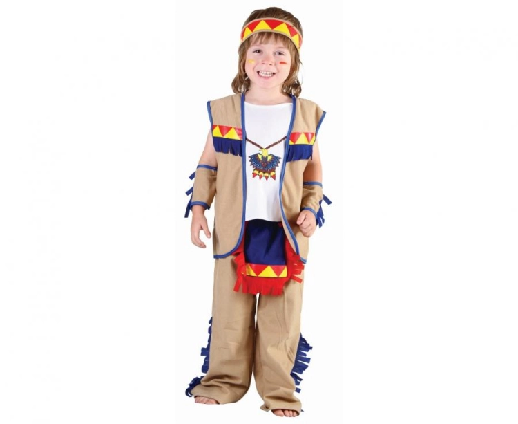 Strój dziecięcy Indianina rozmiar 92-104 cm, brązowa bluzka z kamizelką, spodnie, opaska z piórem, naramienniki, kostium Dziki Zachód na Karnawał, Halloween, wypożyczalnia Tychy, Godan, Zabawne Wydry