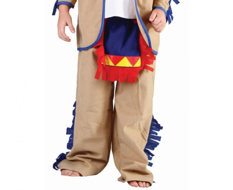 Strój dziecięcy Indianina rozmiar 92-104 cm, brązowa bluzka z kamizelką, spodnie, opaska z piórem, naramienniki, kostium Dziki Zachód na Karnawał, Halloween, wypożyczalnia Tychy, Godan, Zabawne Wydry