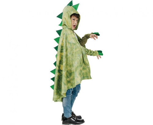 Strój Dinozaur rozmiar uniwersalny, zielona peleryna z kapturem (głowa dinozaura), rękawiczki, kostium na urodziny, Halloween, karnawał, wypożyczalnia Tychy, Godan, Zabawne Wydry