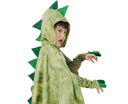 Strój Dinozaur rozmiar uniwersalny, zielona peleryna z kapturem (głowa dinozaura), rękawiczki, kostium na urodziny, Halloween, karnawał, wypożyczalnia Tychy, Godan, Zabawne Wydry
