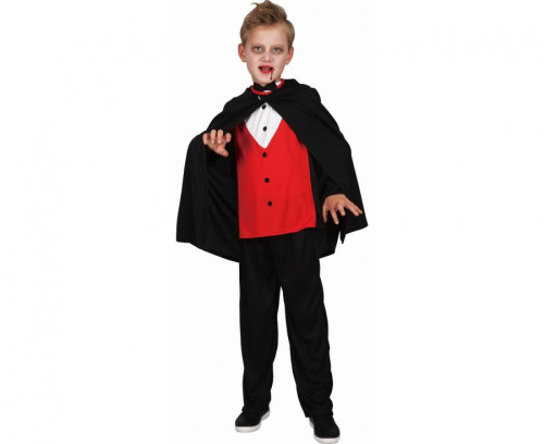 Strój dziecięcy Elegancki Wampir rozmiar 130-140 cm, czarna peleryna, biała bluzka z żabotem, kostium Dracula na Halloween, karnawał, wypożyczalnia Tychy, Godan, Zabawne Wydry