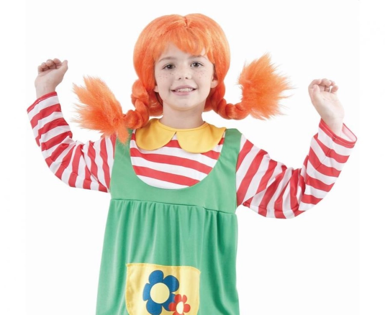 Strój dziecięcy FIZIA POŃCZOSZKA rozmiar 120-130 cm, różnokolorowa sukienka, charakterystyczne skarpety, kostium Pippi na Karnawał, urodziny, wypożyczalnia Tychy, Godan, Zabawne Wydry