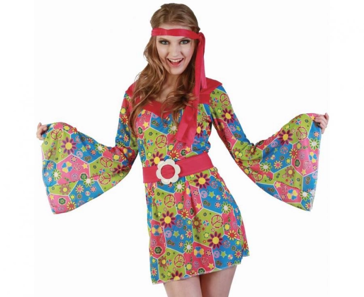 Strój damski Kwiecista Hipiska rozmiar S, różnokolorowa sukienka, opaska na głowę, pasek, kostium Lata 60 70 na Karnawał, Flower Power, wypożyczalnia Tychy, Godan, Zabawne Wydry