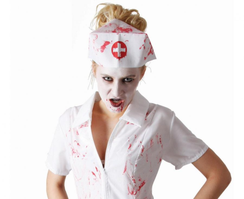 Strój damski Pielęgniarka Zombie rozmiar S, zakrwawiona biała sukienka, opaska pielęgniarki, horror kostium na Halloween, impreza apokalipsy, wypożyczalnia Tychy, Godan, Zabawne Wydry