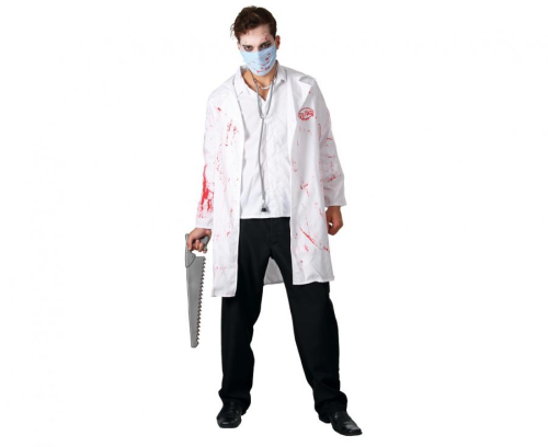 Strój dorosły Doktor Zombie rozmiar 52, biały płaszcz z krwią, przerażająca maska zombie, kostium na Halloween, imprezę apokalipsy, karnawał, wypożyczalnia Tychy, Godan, Zabawne Wydry