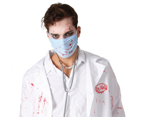 Strój dorosły Doktor Zombie rozmiar 52, biały płaszcz z krwią, przerażająca maska zombie, kostium na Halloween, imprezę apokalipsy, karnawał, wypożyczalnia Tychy, Godan, Zabawne Wydry
