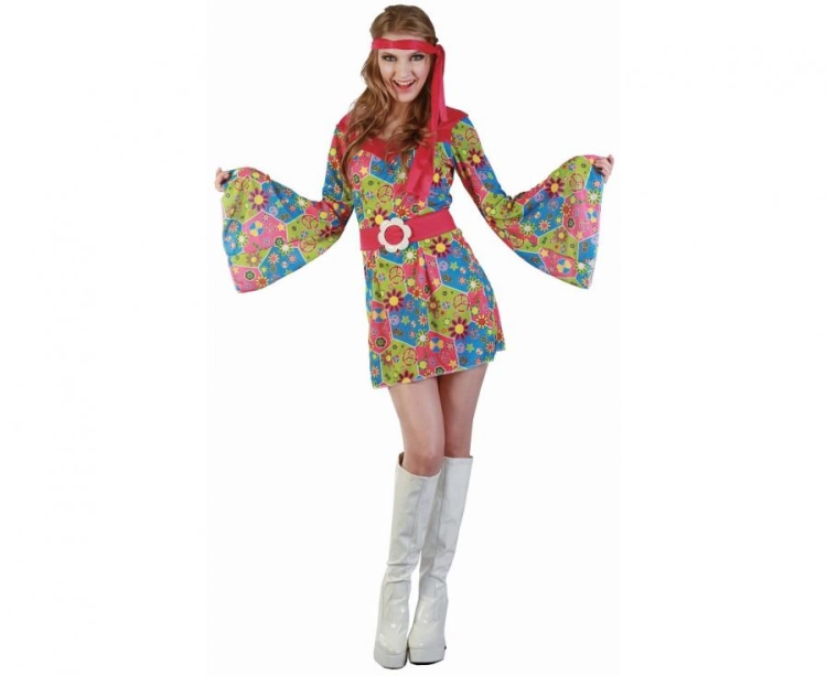 Strój damski Kwiecista Hipiska rozmiar M, różnokolorowa sukienka, opaska na głowę, pasek, kostium Lata 60 70 na Karnawał, Flower Power, wypożyczalnia Tychy, Godan, Zabawne Wydry